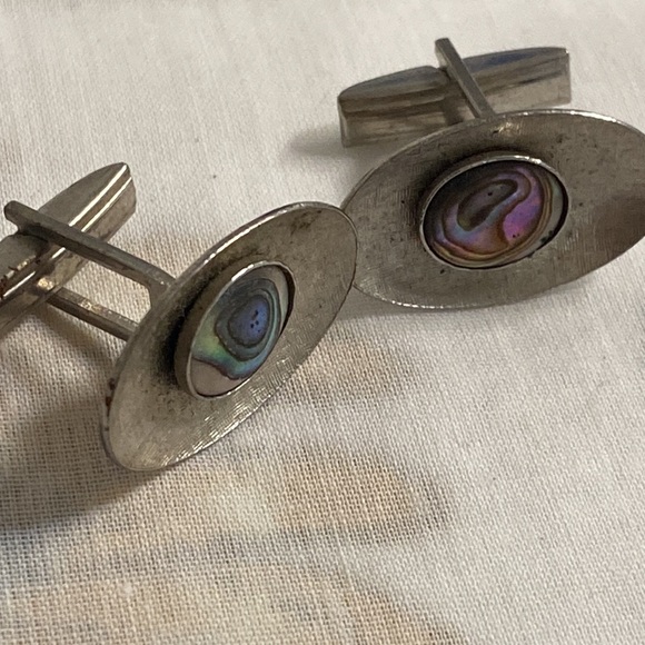 Abalone Shell Silver Tone Vintage Cuff Links - Picture 3 of 3